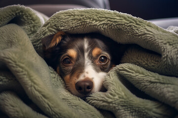 AI generated image of cute funny domestic animal sleeping wrapped in a warm blanket