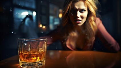 A young woman with a surprised expression pushes away a glass of whiskey on a table in a dark room. The concept of giving up alcohol - obrazy, fototapety, plakaty