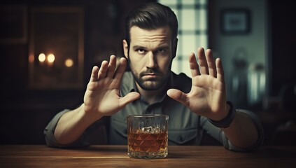 A man in a grey shirt with a serious expression makes a "stop" gesture in front of a glass of whiskey on the table. The concept of giving up alcohol - Powered by Adobe