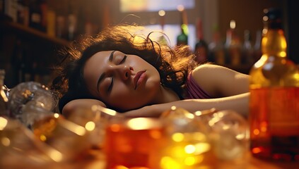 A young woman is sound asleep at a bar table surrounded by glasses and bottles of alcohol. The concept of giving up alcohol - obrazy, fototapety, plakaty