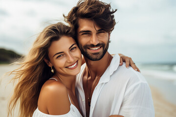 Generative AI picture of cheerful beautiful couple enjoying vacation on a tropical beach