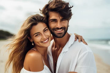 Fotobehang Generative AI picture of cheerful beautiful couple enjoying vacation on a tropical beach © Tetiana