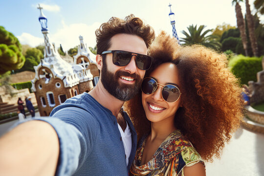 Beautiful cheerful young couple walking on a summer day in fairy city disneyland AI generated image
