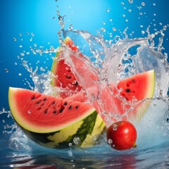 A professional photograph with a watermelon and summer fruits flying with splashing water, blue background