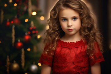 AI generated image of adorable girl on new year night christmas tree lights at the background