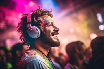 Generative AI image photo of cheerful happy person listening music enjoying favorite songs