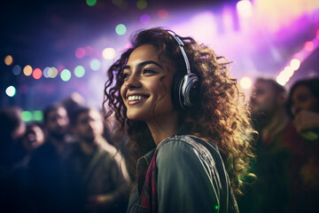Generative AI image photo of cheerful happy person listening music enjoying favorite songs