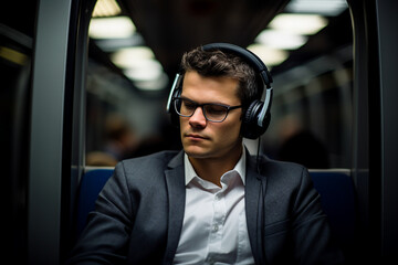 AI generated picture of relaxed man in headphones listening to music audio song sound relaxing in...