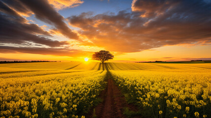 Sunrise over the rapeseed field beautiful spring day