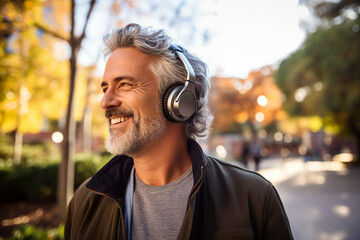 Happy handsome man in headphones walking in the park and listening to music generative ai - Powered by Adobe