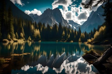 A crystal-clear mountain lake reflecting the cloud-streaked sky, surrounded by towering peaks and dense forests, creating a scene of tranquility and beauty.