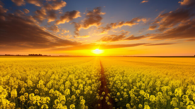Sunrise over the rapeseed field beautiful spring day