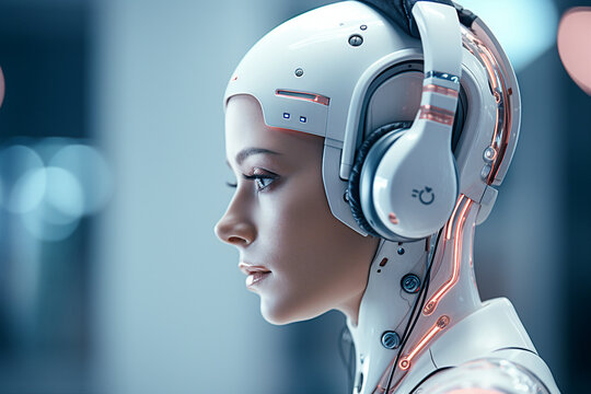 Generative AI artwork picture of futuristic person robotic girl in headphones listening to modern music