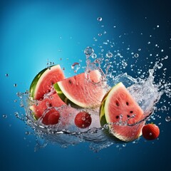 A professional photograph with a watermelon and summer fruits flying with splashing water, blue background