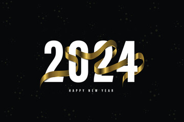 2024 happy new year wish with golden ribbon. Happy new year wish on black background with glitters. New year concept vector design for poster, banner, invitation, etc. Holiday greeting card design.