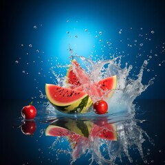 A professional photograph with a watermelon and summer fruits flying with splashing water, blue background
