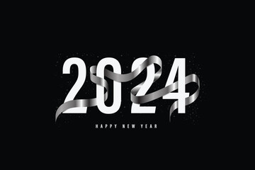 2024 happy new year wish with silver ribbon. Happy new year wish on black background. New year concept vector design for poster, banner, invitation, etc. Holiday greeting card design.