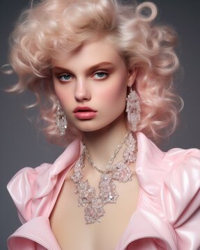 Glamorous woman dons luxurious pink satin and intricate jewelry in an elegant portrait
