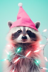 A delightful raccoon wrapped in christmas lights and wearing a pink santa hat, exuding holiday spirit - obrazy, fototapety, plakaty