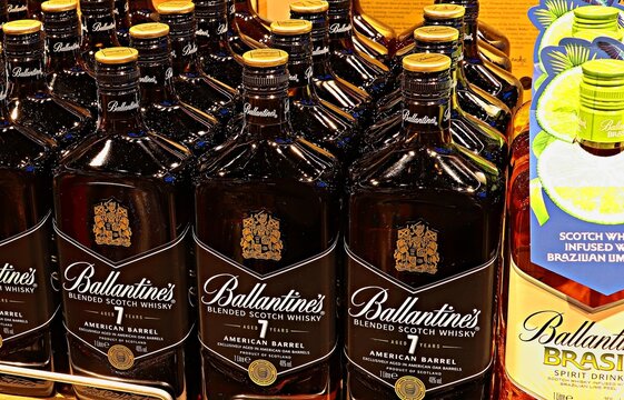  Alcoholic drink, Ballantines whiskey on the shelf of the Duty Free store at Istanbul New Airport