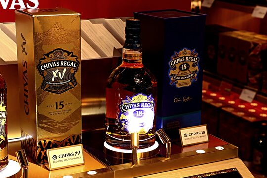  Alcoholic drink, Chivas Regal whiskey 18 years old on the shelf of the Duty Free store at Istanbul New Airport