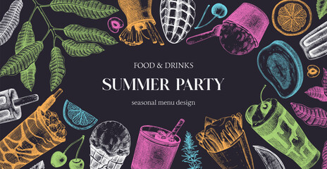 Summer party background. Non-alcoholic beverage, mocktail, ice cream, fruit, cocktail sketches. Hand drawn vector illustration. Summer food and drinks banner. Tropical frame design. - 693012157