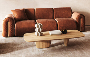 Warm and inviting Scandinavian living room with luxurious terracotta velvet sofa. 3d render