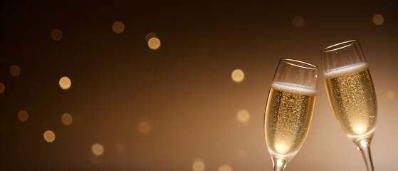 Two glasses of champagne on bokeh gold background. - obrazy, fototapety, plakaty
