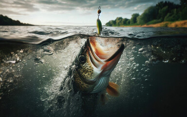 Fishing. Close-up shut of a fish hook under water. - obrazy, fototapety, plakaty