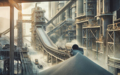Cement production factory on mining quarry. Conveyor belt of heavy machinery loads stones and gravel. - obrazy, fototapety, plakaty