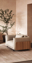 Modern scandinavian living space with chic beige armchair and natural decor accents. 3d render