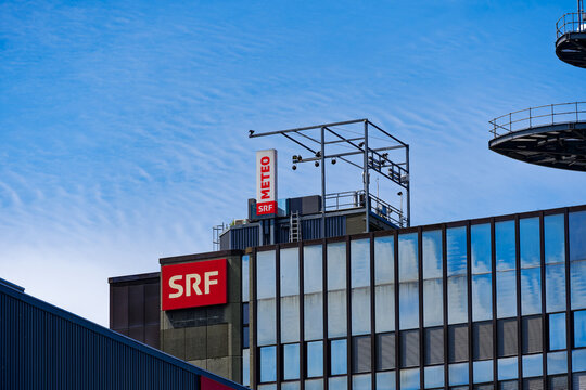 Office tower and outdoor studio of Swiss National Television SRF at City of Z&uuml;rich district Leutschenbach on a sunny summer day. Photo taken July 23rd, 2023, Zurich, Switzerland.