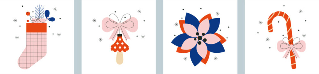 Winter Holiday symbols set. Christmas and Happy New Year collection. Winter design elements. Presents. Stocking. Candy cane. Decor. Xmas decorations. Flat vector illustration. Scandinavian style.