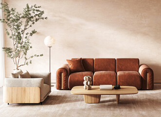 Scandinavian living room with velvet terracotta sofa and modern wooden furniture. 3d render