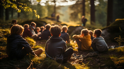 Digital Detox Retreat, Group of children enjoying nature, away from screens, playing and bonding in a forest setting, - obrazy, fototapety, plakaty