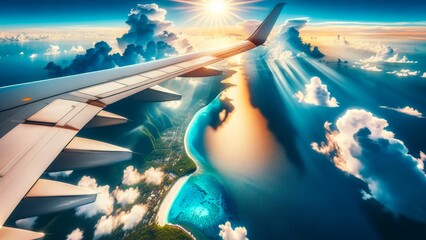 飛行機の窓から見る青い海と白い砂浜