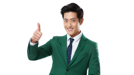 young Asian man with thumbs up in green shirt