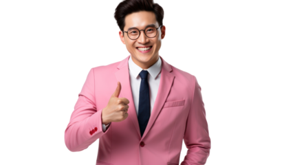 smiling young Asian man with thumbs up in pink suit