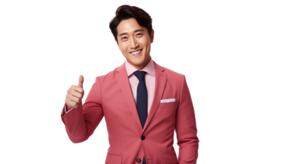 smiling young Asian man with thumbs up in pink suit