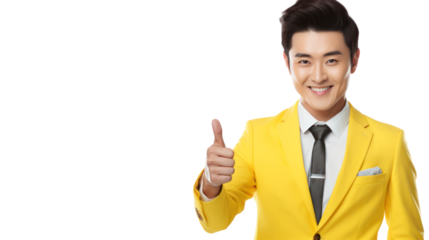 smiling young Asian man with thumbs up in yellow suit