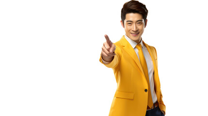 smiling young Asian man with thumbs up in yellow suit