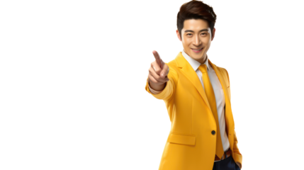 smiling young Asian man with thumbs up in yellow suit