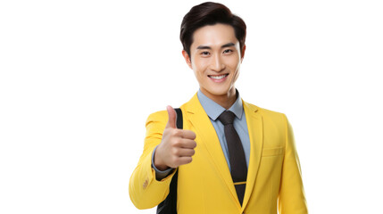 smiling young Asian man with thumbs up in yellow suit