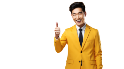 smiling young Asian man with thumbs up in yellow suit