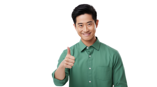 young Asian man with thumbs up in green shirt