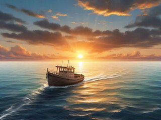 A boat sails on the sea at sunset.