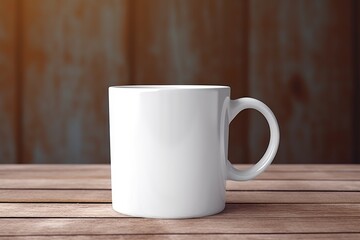 Fototapeta na wymiar Empty blank mock up of white ceramic coffee mug on wooden table