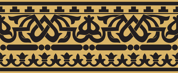 Vector gold and black seamless classic byzantine ornament. Endless border, Ancient Greece, Eastern Roman Empire frame. Decoration of the Russian Orthodox Church.. - obrazy, fototapety, plakaty