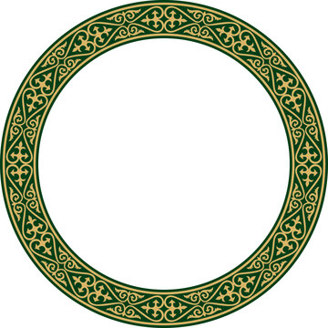 recommend clip art: Vector gold and green Kazakh national round pattern, frame. Ethnic ornament of the nomadic peoples of Asia, the Great Steppe, Kazakhs, Kirghiz, Kalmyks, Mongols, Buryats, Turkmens
