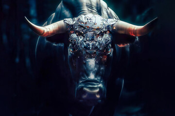 Robot, android cow, bull portrait. Mechanical, metal futuristic cyborg buffalo. The content is created with AI tools - obrazy, fototapety, plakaty